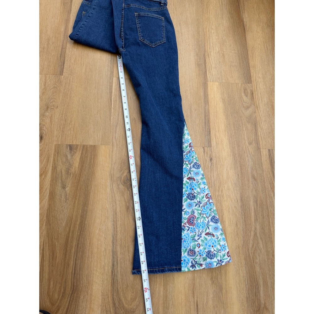 Boho Handmade Floral Flare Jeans Paperbag Waist Tie Bell Bottom hippie indie - Picture 9 of 9